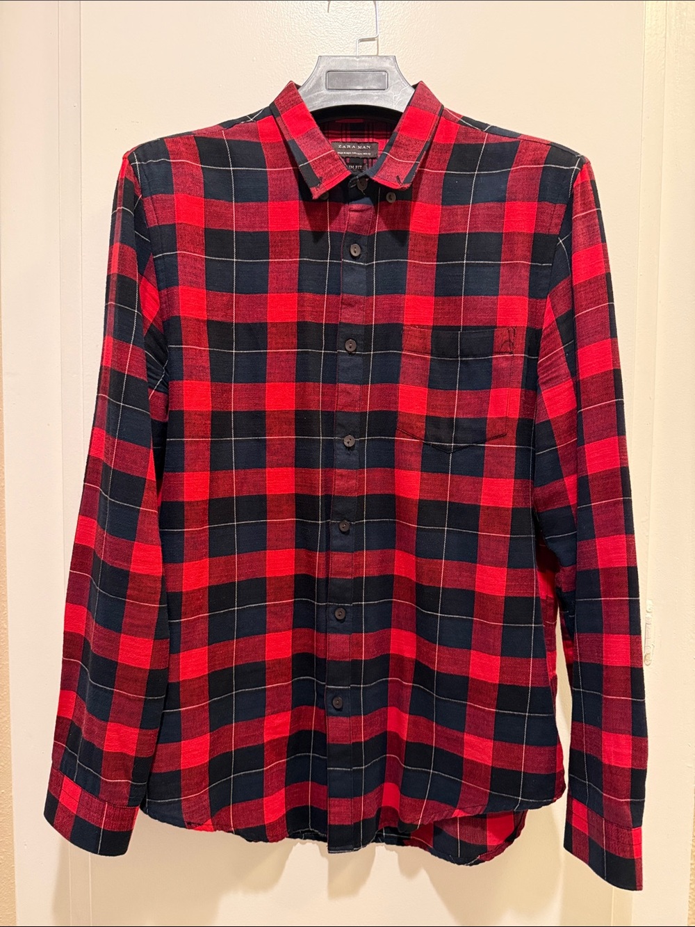 Zara Men's Red and Black Plaid Button-Down Shirt